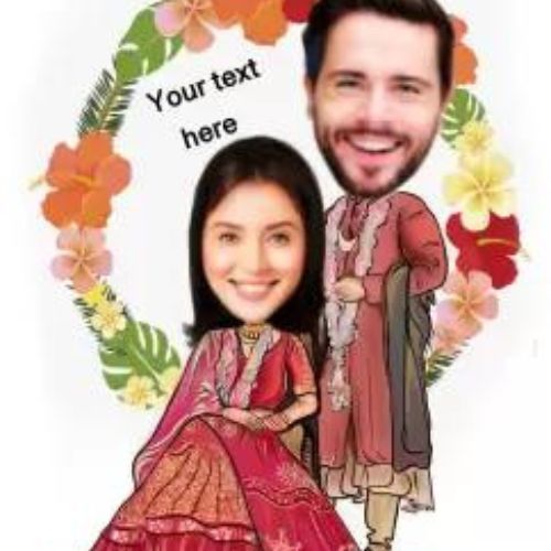 Personalized Indian Wedding Caricature with Wooden Stand
